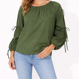 NWT Free Assembly Dark Olive Off Shoulder Balloon Sleeve Top Size M 8-10